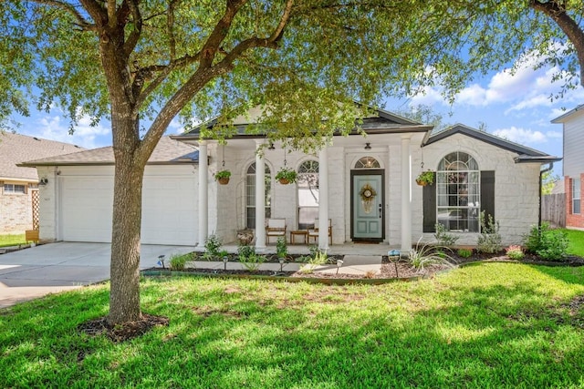 3400 Lynnbrook Dr, Austin, TX 78748 - view of front facade with a garage, a porch, concrete driveway, and a front lawn