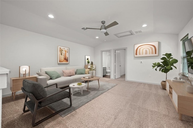 7809 Linnie Ln, Austin, TX 78724 - living room with lofted ceiling, recessed lighting, a ceiling fan, and carpet