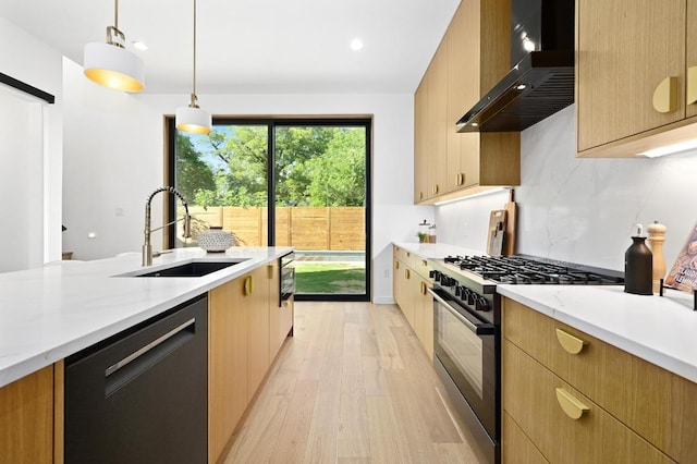 3507 Neal St Unit 1, Austin, TX 78702 - kitchen with dishwasher, range with gas cooktop, wall chimney exhaust hood, a sink, and light wood-style flooring