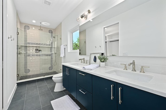 3507 Neal St Unit 1, Austin, TX 78702 - full bathroom featuring a shower stall, double vanity, tile patterned flooring, and toilet