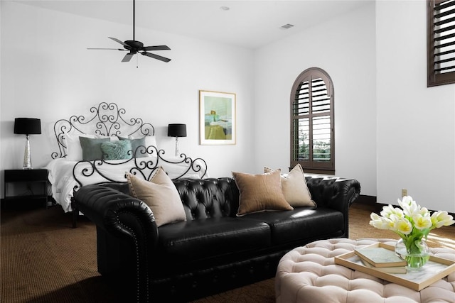 111 Piazza Vetta Dr, Austin, TX 78734 - living area featuring carpet floors, ceiling fan, and lofted ceiling