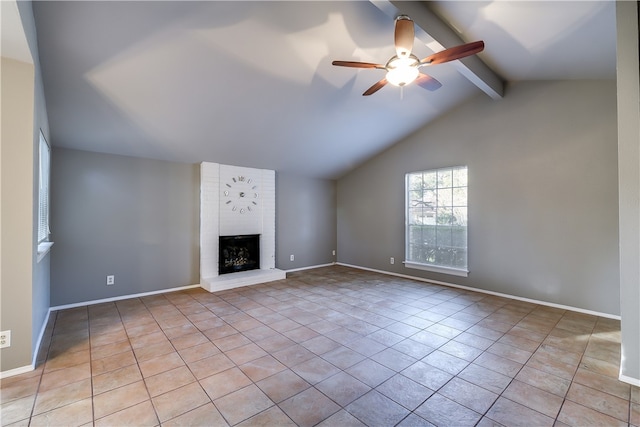 4303 Tamarack Trl, Austin, TX 78727 - unfurnished living room featuring ceiling fan, light tile patterned floors, a fireplace, and baseboards