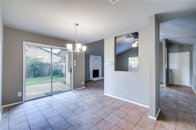 4303 Tamarack Trl, Austin, TX 78727 - unfurnished dining area featuring plenty of natural light, lofted ceiling, a chandelier, tile patterned flooring, and ceiling fan