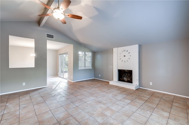 4303 Tamarack Trl, Austin, TX 78727 - unfurnished living room with a fireplace, ceiling fan, light tile patterned floors, and baseboards