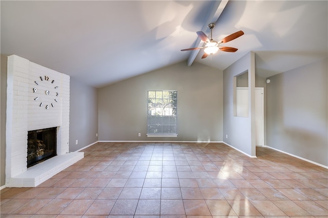 4303 Tamarack Trl, Austin, TX 78727 - unfurnished living room with light tile patterned floors, a ceiling fan, a fireplace, and baseboards