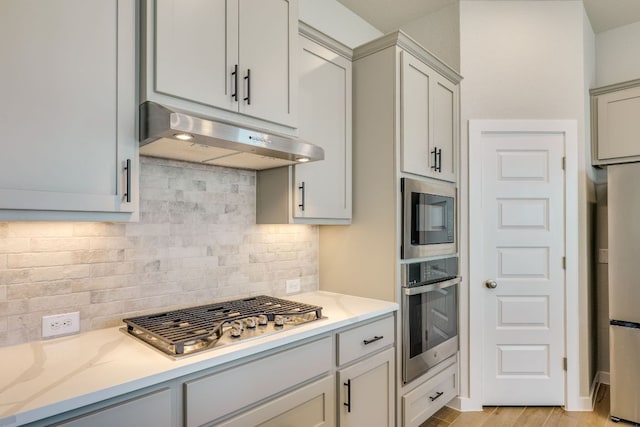 110 Denali Dr, Kyle, TX 78640 - kitchen with appliances with stainless steel finishes, under cabinet range hood, decorative backsplash, and light wood-style flooring