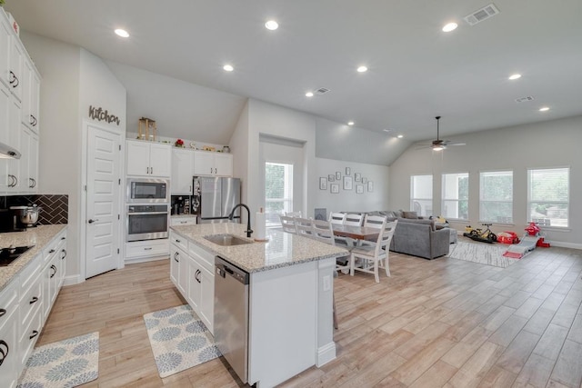 441 Double Eagle Ranch Dr, Cedar Creek, TX 78612 - kitchen with stainless steel appliances, lofted ceiling, a sink, light wood-style flooring, and ceiling fan