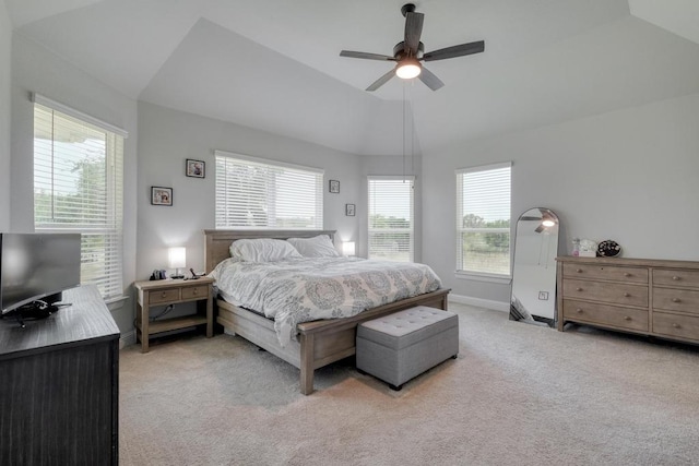 441 Double Eagle Ranch Dr, Cedar Creek, TX 78612 - bedroom featuring light carpet, multiple windows, vaulted ceiling, and ceiling fan