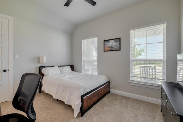 441 Double Eagle Ranch Dr, Cedar Creek, TX 78612 - bedroom featuring baseboards, light colored carpet, vaulted ceiling, and ceiling fan