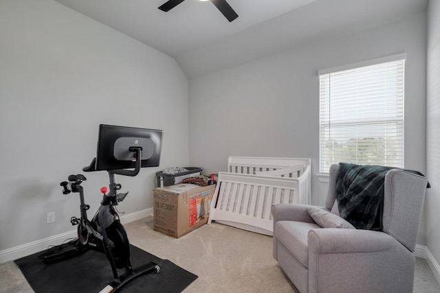 441 Double Eagle Ranch Dr, Cedar Creek, TX 78612 - bedroom with carpet, baseboards, lofted ceiling, and a ceiling fan
