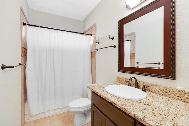 297 Carpers Trl, Fischer, TX 78623 - full bathroom with vanity, toilet, shower / bath combo with shower curtain, and tile patterned floors