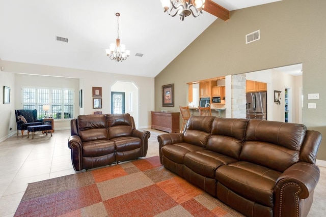 297 Carpers Trl, Fischer, TX 78623 - living room featuring a chandelier, arched walkways, high vaulted ceiling, beam ceiling, and baseboards