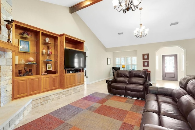 297 Carpers Trl, Fischer, TX 78623 - living area featuring a chandelier, arched walkways, beam ceiling, high vaulted ceiling, and light tile patterned floors