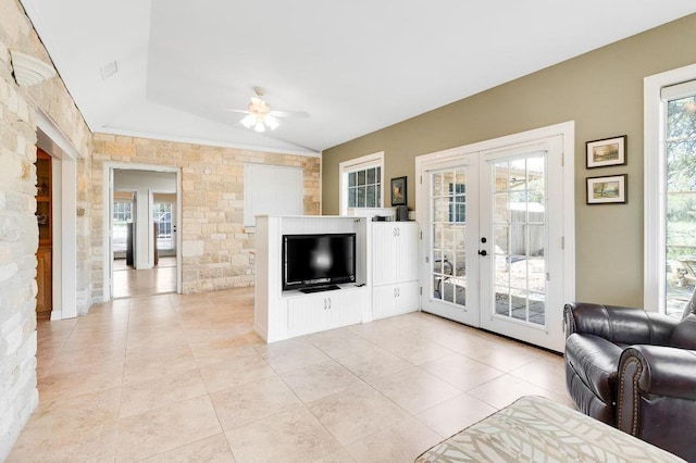 297 Carpers Trl, Fischer, TX 78623 - living room with french doors, light tile patterned floors, and a ceiling fan