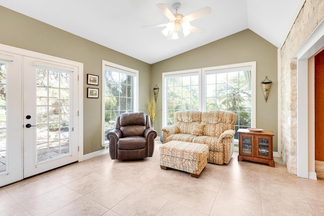 297 Carpers Trl, Fischer, TX 78623 - living area featuring lofted ceiling, ceiling fan, baseboards, light tile patterned floors, and french doors