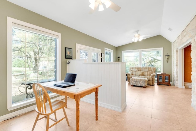 297 Carpers Trl, Fischer, TX 78623 - home office with a ceiling fan, healthy amount of natural light, lofted ceiling, light tile patterned flooring, and baseboards