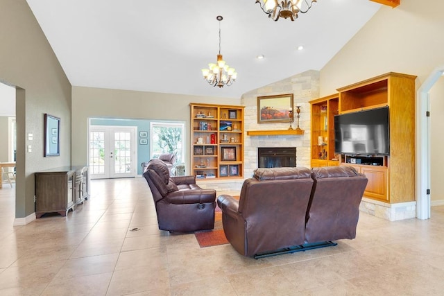 297 Carpers Trl, Fischer, TX 78623 - living area featuring a chandelier, a stone fireplace, baseboards, high vaulted ceiling, and french doors