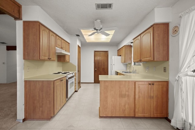 7104 Greenock St, Austin, TX 78749 - kitchen with white appliances, under cabinet range hood, a ceiling fan, light countertops, and a sink