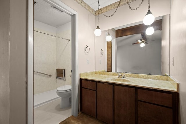 7104 Greenock St, Austin, TX 78749 - full bathroom featuring vanity, toilet, a shower, and a ceiling fan