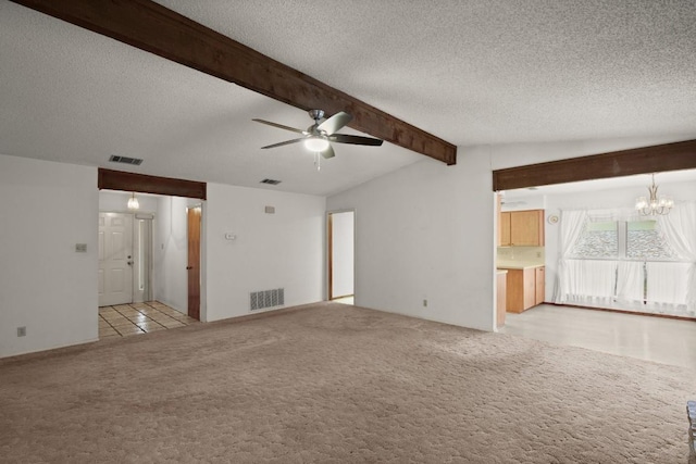 7104 Greenock St, Austin, TX 78749 - unfurnished living room with a chandelier, a textured ceiling, light colored carpet, and ceiling fan