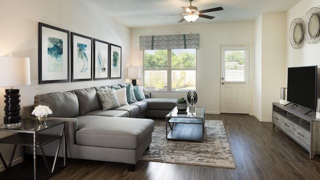 109 Imola St, Hutto, TX 78634 - living area featuring a ceiling fan, dark wood finished floors, and baseboards
