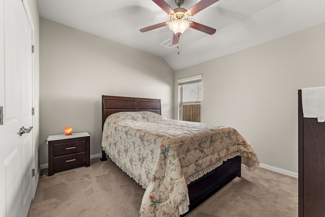 4162 Kingsley Ave, Round Rock, TX 78681 - bedroom featuring light colored carpet, baseboards, vaulted ceiling, and a ceiling fan