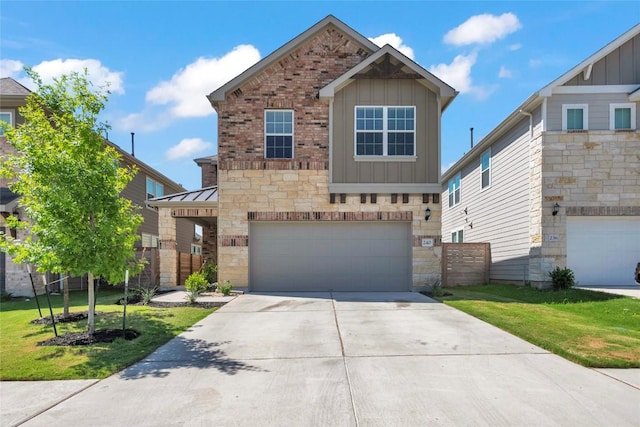 240 Harbors Ln, Leander, TX 78641 - view of front facade featuring board and batten siding, stone siding, a garage, and concrete driveway