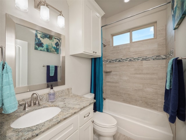 128 Naalehu Ct, Bastrop, TX 78602 - bathroom featuring vanity, toilet, and shower / bathtub combination with curtain