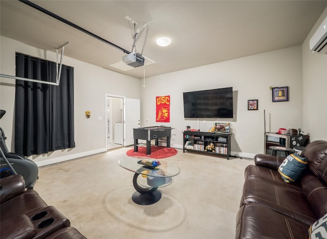 128 Naalehu Ct, Bastrop, TX 78602 - carpeted living room with a wall mounted air conditioner, a garage, and baseboards