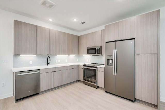 4802 S Congress Ave Unit 121, Austin, TX 78745 - kitchen featuring appliances with stainless steel finishes, light countertops, light wood-style flooring, decorative backsplash, and modern cabinets