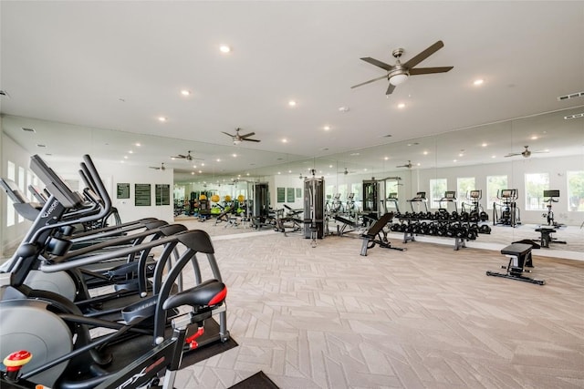 4802 S Congress Ave Unit 121, Austin, TX 78745 - gym featuring a ceiling fan, recessed lighting, and light carpet