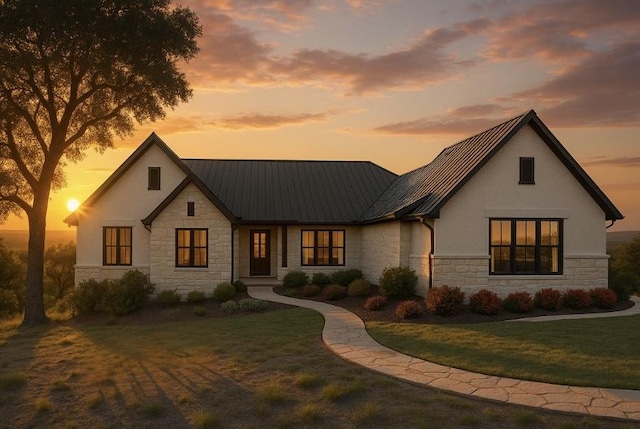 LOT13 Ridgeway Trl, Johnson City, TX 78636 - modern farmhouse with stone siding, a front lawn, stucco siding, and metal roof