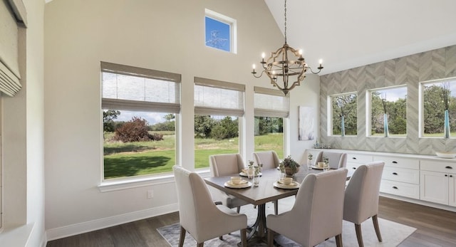 LOT13 Ridgeway Trl, Johnson City, TX 78636 - dining area featuring plenty of natural light, a chandelier, baseboards, high vaulted ceiling, and dark wood-style flooring