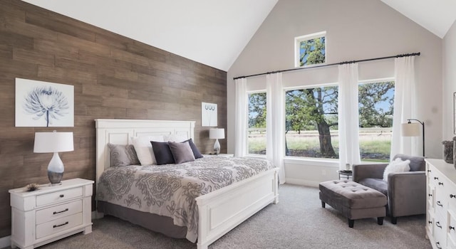 LOT13 Ridgeway Trl, Johnson City, TX 78636 - bedroom featuring high vaulted ceiling, light carpet, and wood walls
