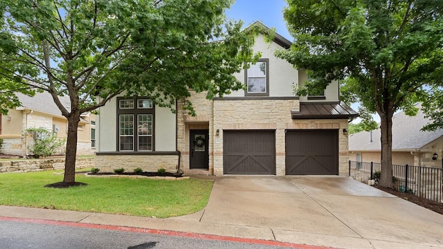 30 Stone Terrace Dr, Austin, TX 78734 - view of front of house with stone siding, a garage, concrete driveway, and a standing seam roof
