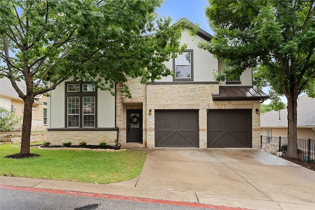 30 Stone Terrace Dr, Austin, TX 78734 - view of front of property featuring stone siding, a garage, concrete driveway, a standing seam roof, and stucco siding