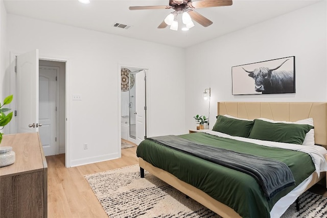 30 Stone Terrace Dr, Austin, TX 78734 - bedroom featuring light wood-style flooring, connected bathroom, a ceiling fan, and recessed lighting