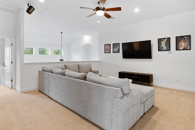 30 Stone Terrace Dr, Austin, TX 78734 - living room with a ceiling fan, light colored carpet, recessed lighting, and lofted ceiling