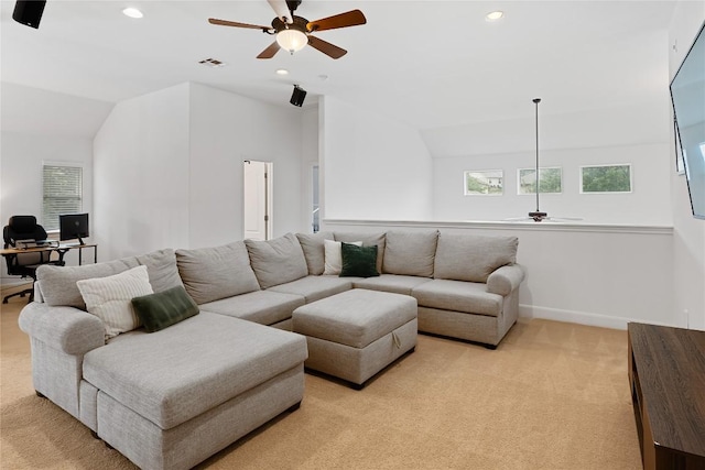 30 Stone Terrace Dr, Austin, TX 78734 - living area featuring a ceiling fan, an office area, lofted ceiling, light carpet, and recessed lighting