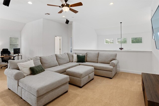 30 Stone Terrace Dr, Austin, TX 78734 - living room featuring ceiling fan, a desk, vaulted ceiling, light colored carpet, and recessed lighting