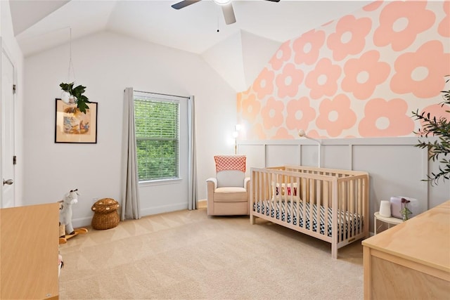 30 Stone Terrace Dr, Austin, TX 78734 - bedroom featuring a nursery area, vaulted ceiling, carpet, and a ceiling fan