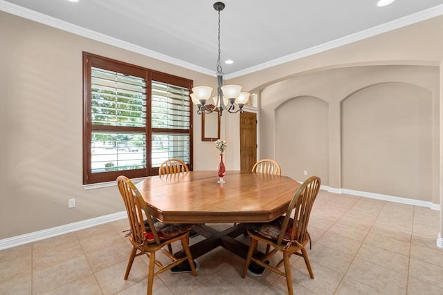 161 Serene Hollow Ln, Buda, TX 78610 - dining room featuring arched walkways, a chandelier, recessed lighting, baseboards, and light tile patterned flooring