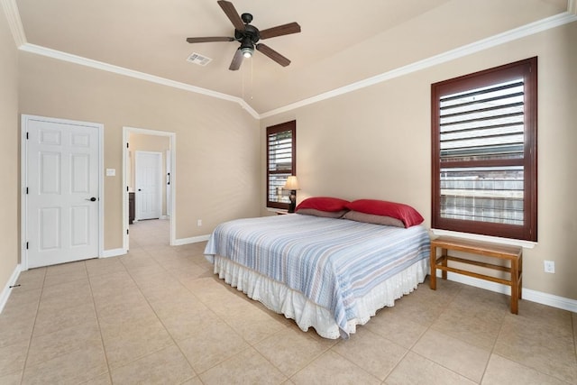 161 Serene Hollow Ln, Buda, TX 78610 - bedroom featuring baseboards, crown molding, light tile patterned floors, and a ceiling fan