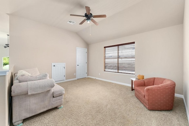 161 Serene Hollow Ln, Buda, TX 78610 - living area with ceiling fan, carpet floors, baseboards, and lofted ceiling
