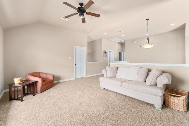 161 Serene Hollow Ln, Buda, TX 78610 - living room with a ceiling fan, carpet floors, baseboards, and vaulted ceiling