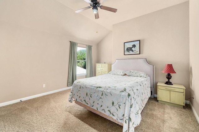 161 Serene Hollow Ln, Buda, TX 78610 - bedroom with light carpet, baseboards, lofted ceiling, and ceiling fan