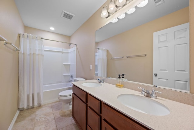 904 Emory Tree Dr, Austin, TX 78748 - bathroom featuring toilet, shower / tub combo, double vanity, and tile patterned floors