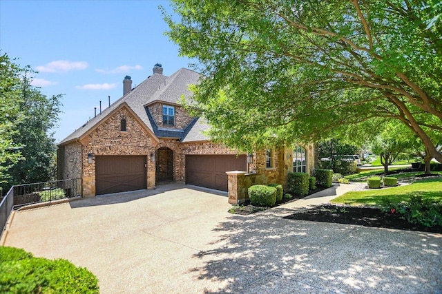 1016 Santaluz Path, Austin, TX 78732 - view of front facade with concrete driveway, a garage, stone siding, and a chimney