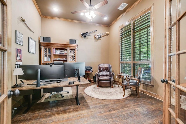 1016 Santaluz Path, Austin, TX 78732 - home office with ornamental molding, ceiling fan, wood finished floors, and recessed lighting