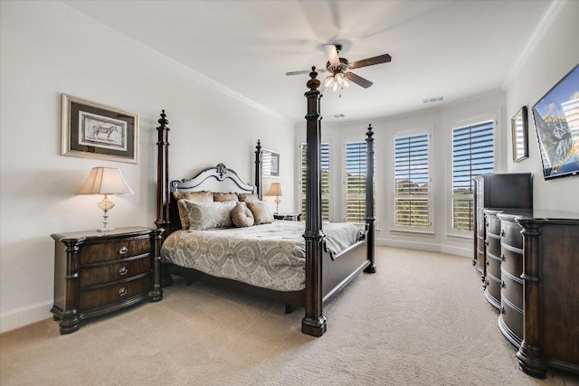 1016 Santaluz Path, Austin, TX 78732 - bedroom featuring light colored carpet, crown molding, and a ceiling fan